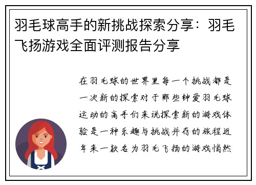 羽毛球高手的新挑战探索分享：羽毛飞扬游戏全面评测报告分享